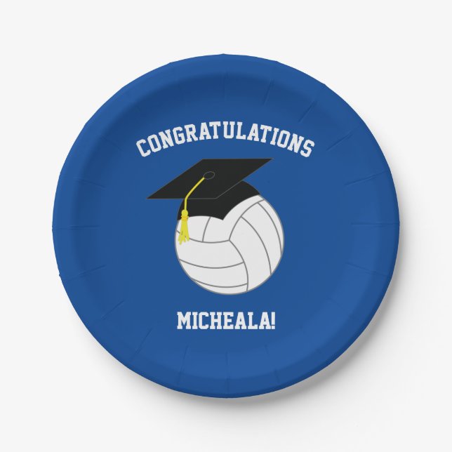 Volleyball Graduation Sports Blue Paper Plate (Front)