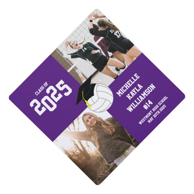 Volleyball Graduation Sports Purple Graduation Cap Topper (Front)