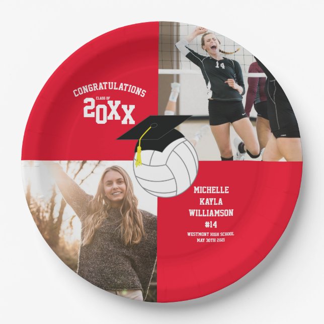 Volleyball Graduation Sports Red Paper Plate (Front)