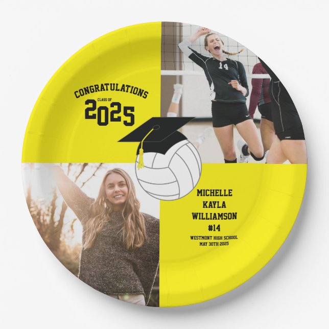 Volleyball Graduation Sports Yellow Paper Plate (Front)