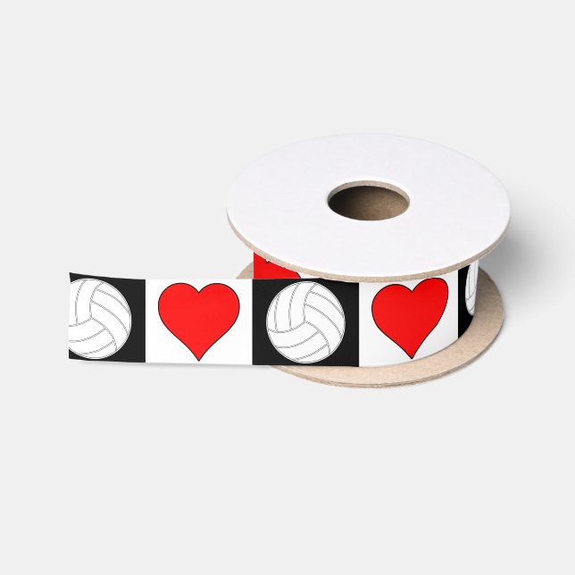 Volleyball Heart Black White Red Chequered Pattern Satin Ribbon (Spool)