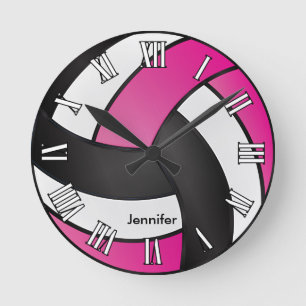 Volleyball Hot Pink, Black and White Style Round Clock