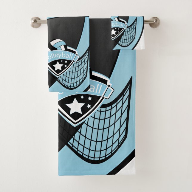 Volleyball in Baby Blue, Black and White Bath Towel Set (Insitu)