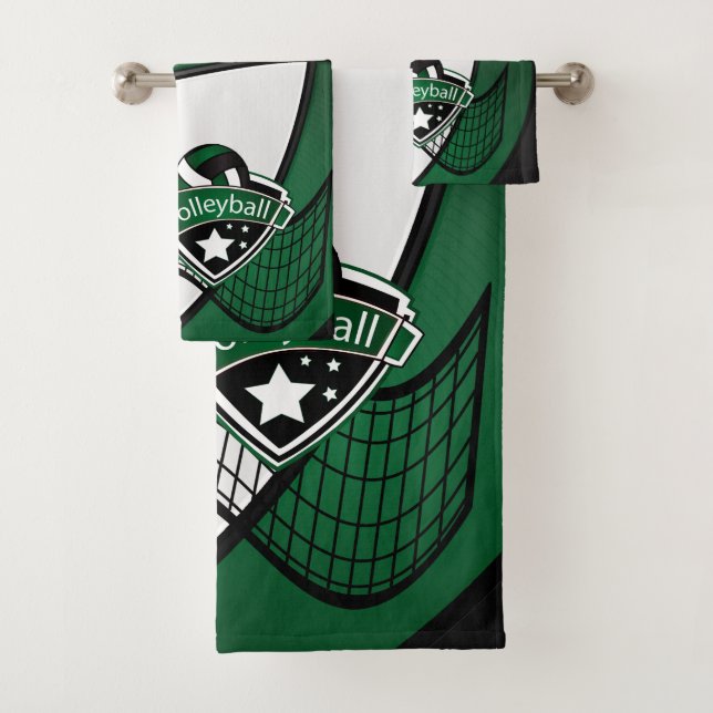 Volleyball in Dark Green, Black and White Bath Towel Set (Insitu)
