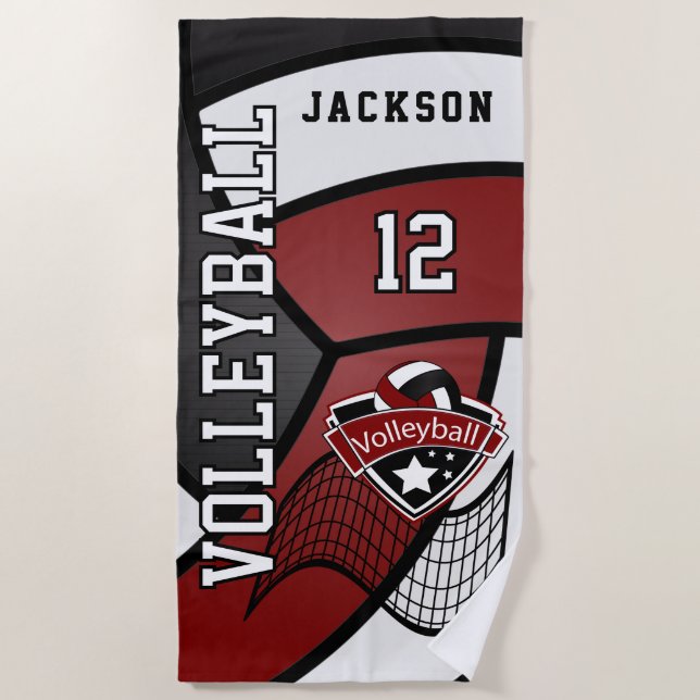 Volleyball in Maroon Red, Black and White Beach Towel (Front)