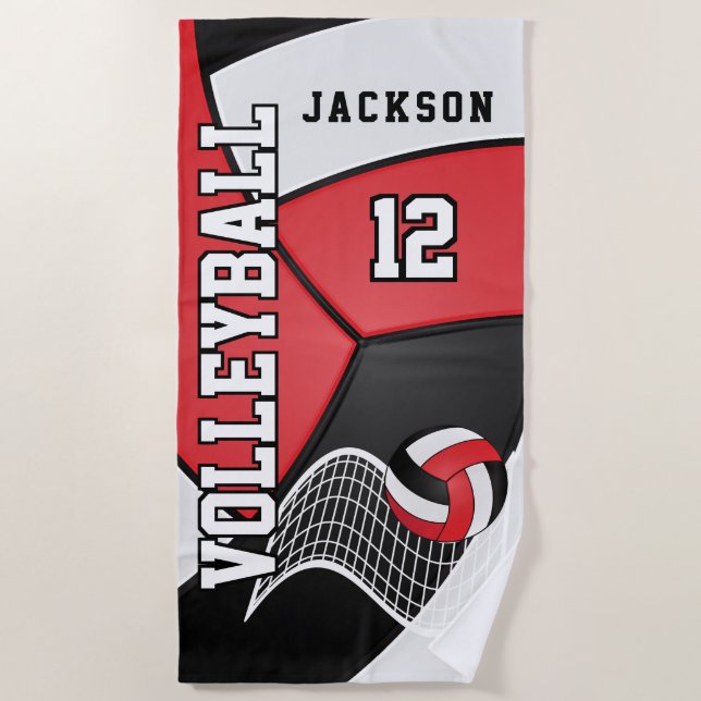 Volleyball in Red, White and Black Beach Towel (Front)