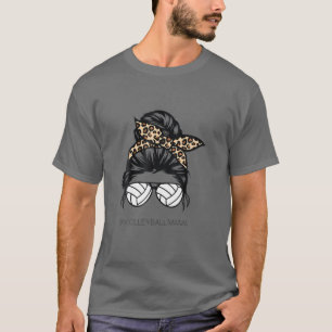 Volleyball Mom Leopard Ball Messy Hair Bun Mother' T-Shirt