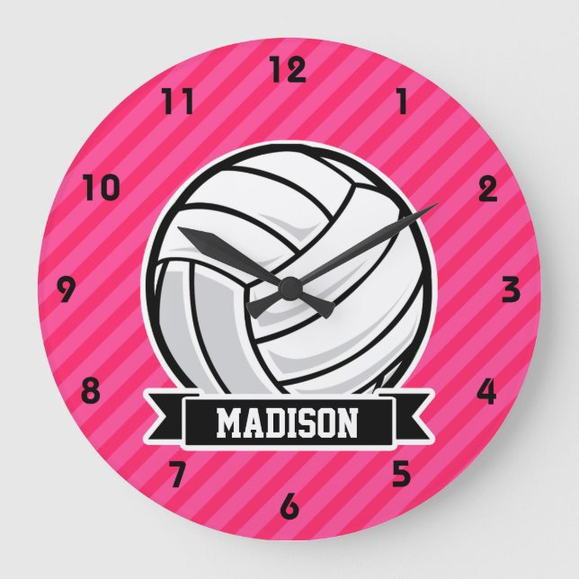 Volleyball on Neon Pink Stripes Large Clock (Front)