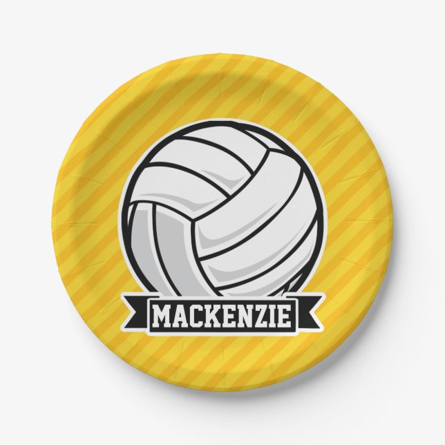 Volleyball on Yellow Stripes Paper Plate (Front)