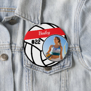 Volleyball Pin Name & Number Photo Red Button