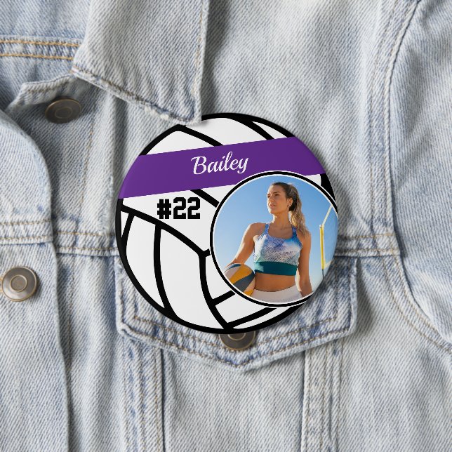 Volleyball Pin Name & Number Purple Photo Button (In Situ)