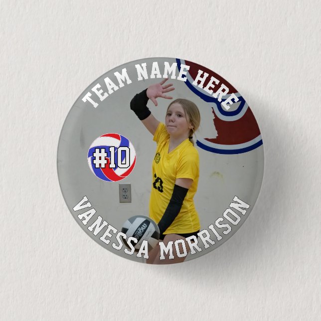 Volleyball Player Add Name Number Team and Photo 1 Inch Round Button (Front)
