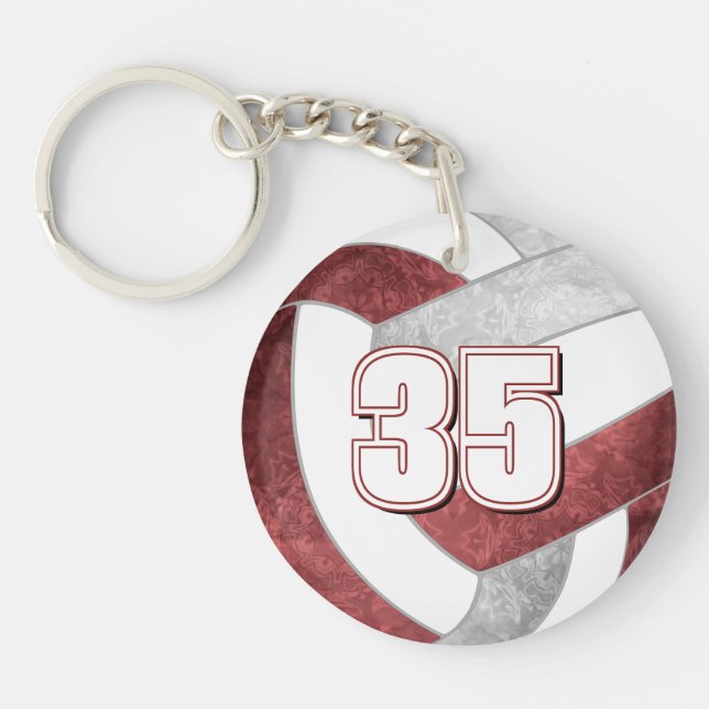 Volleyball player jersey number maroon grey keychain (Front)