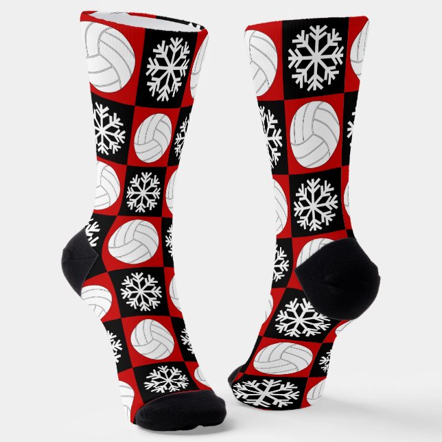 Volleyball Player Red and Black Christmas Pattern Socks (Angled)