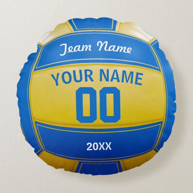 Volleyball Player's Name Year Team Blue and Yellow Round Pillow (Front)