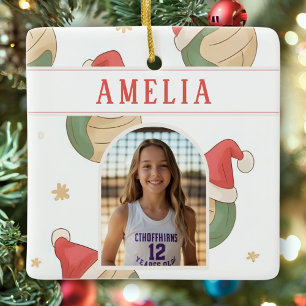 Volleyball Santa Hat Name Photo Christmas Ceramic Ornament