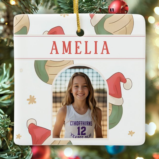 Volleyball Santa Hat Name Photo Christmas   Ceramic Ornament (Creator Uploaded)