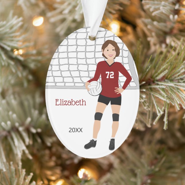 Volleyball Short Hair Brunette in Red and Black Ornament (Tree)