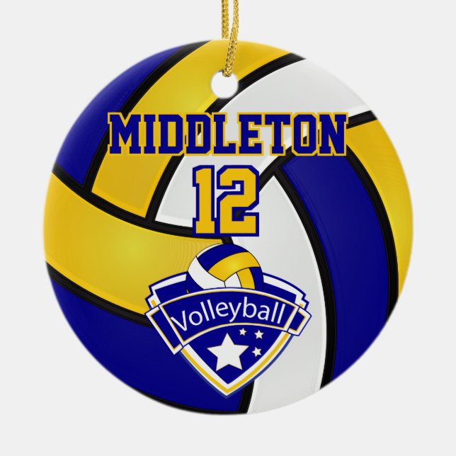 Volleyball 🏐 Sport - Blue, White and Yellow Ceramic Ornament (Front)