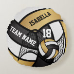 Volleyball 🏐 Sport- Gold, White & Black  Round Pillow<br><div class="desc">⭐⭐⭐⭐⭐ 5 Star Review. 🥇AN ORIGINAL COPYRIGHT ART DESIGN by Donna Siegrist ONLY AVAILABLE ON ZAZZLE!. Volleyball 🏐 Round Pillow. Featuring a Volleyball Sport design in a gold, white and black pattern and DIY name and number. Makes a great gift for any volleyball player or enthusiast. Can't find your colour(s)???...</div>