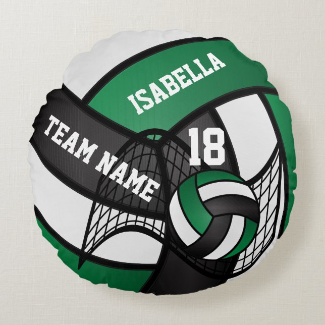  Volleyball 🏐 Sport- Green, White & Black  Round Pillow (Front)
