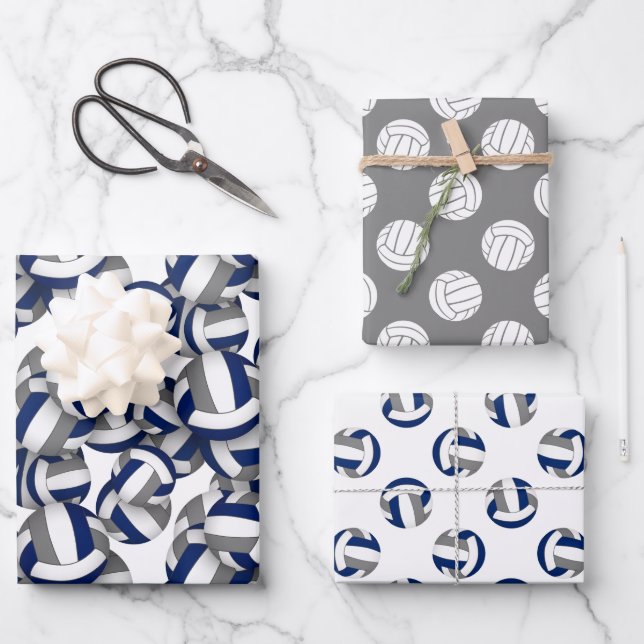 volleyball sports patterns coordinating blue grey wrapping paper sheet (Front)