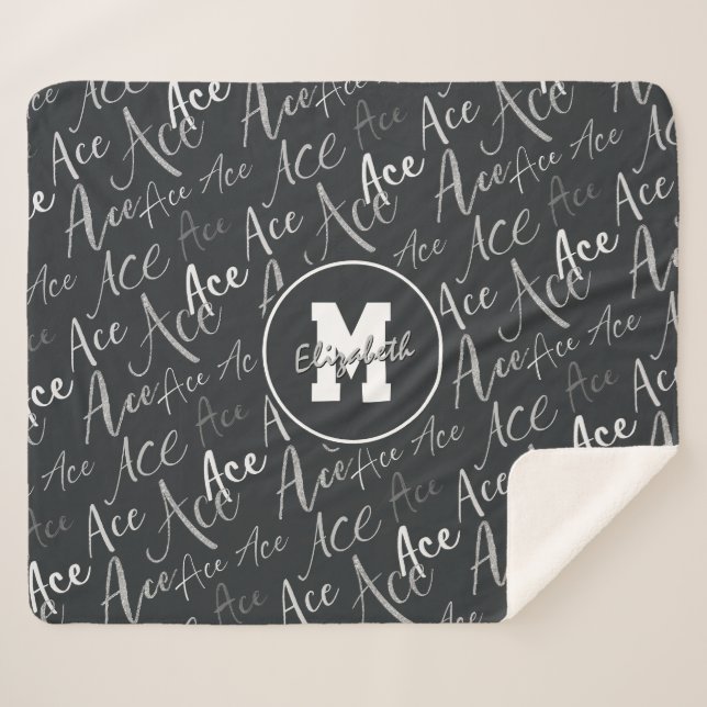 volleyball tennis Ace text pattern on charcoal Sherpa Blanket (Front (Horizontal))