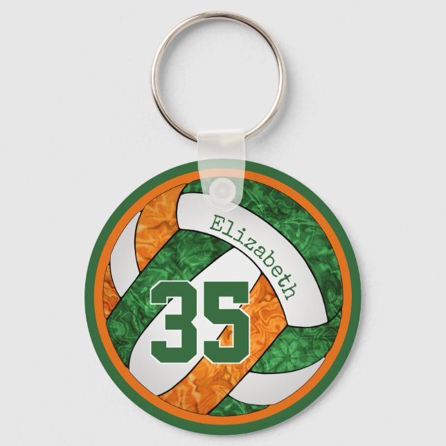 volleyball w orange green team colours number girl keychain (Front)