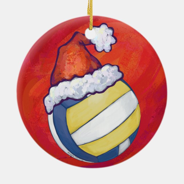Volleyball with Christmas Hat Ceramic Ornament (Back)