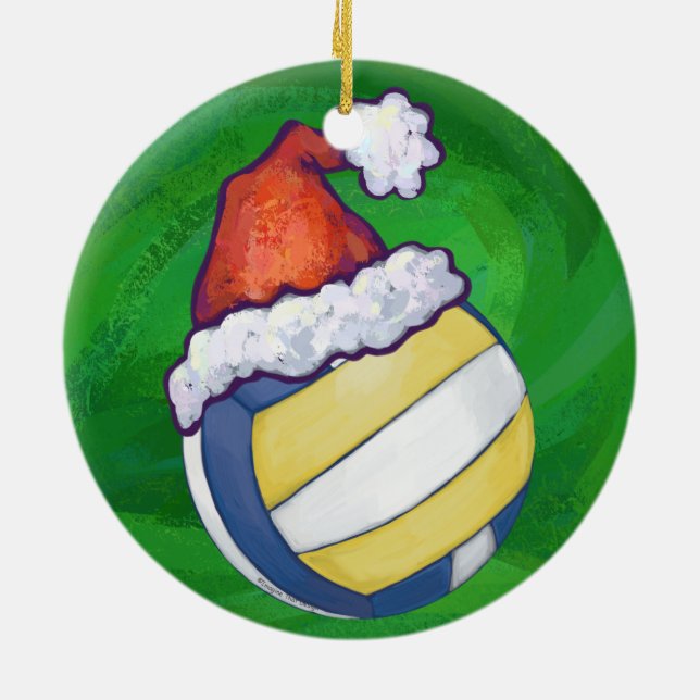 Volleyball with Christmas Hat Ceramic Ornament (Back)