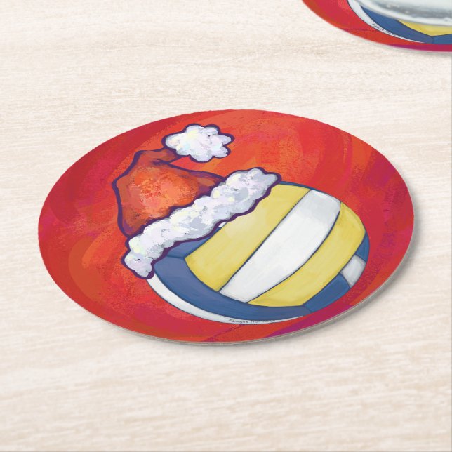 Volleyball with Christmas Hat Round Paper Coaster (Angled)