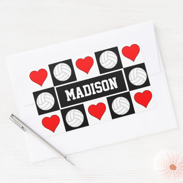Volleyballs & Hearts Custom Player Name Sports Sticker (Envelope)
