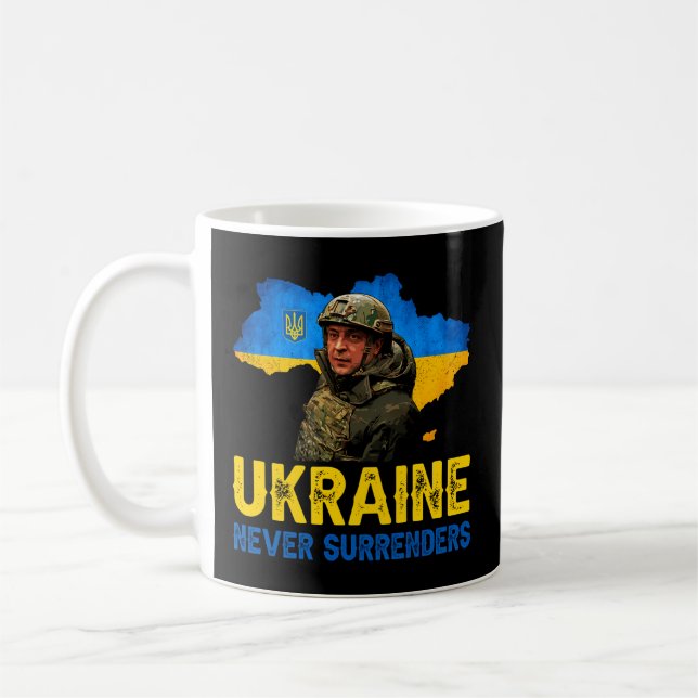 Volodymyr Zelensky Ukraine Never Surrenders Suppor Coffee Mug (Left)