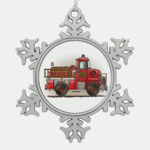Volunteer Fire Truck Snowflake Pewter Christmas Ornament