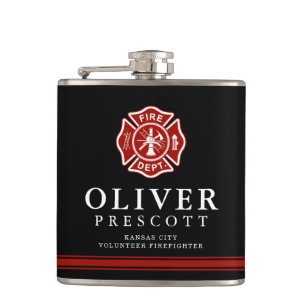 Volunteer Firefighter   Maltese Cross Custom Black Hip Flask