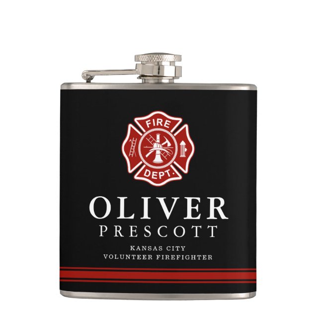 Volunteer Firefighter | Maltese Cross Custom Black Hip Flask (Front)