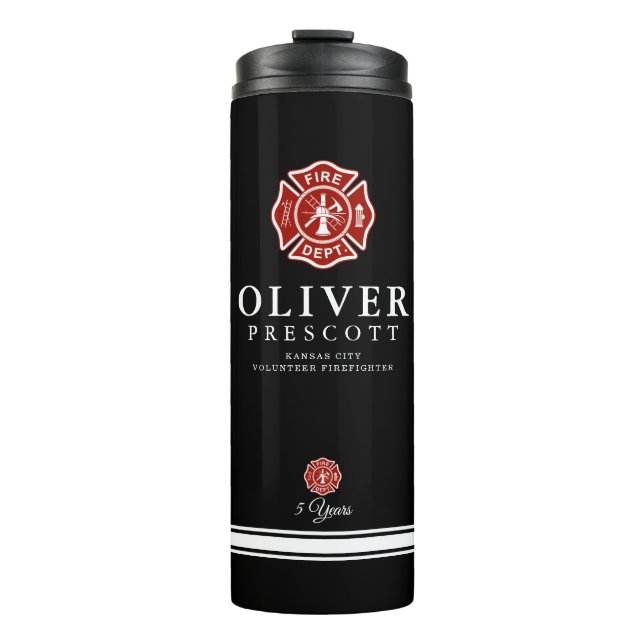 Volunteer Firefighter | Maltese Cross Symbol Black Thermal Tumbler (Front)