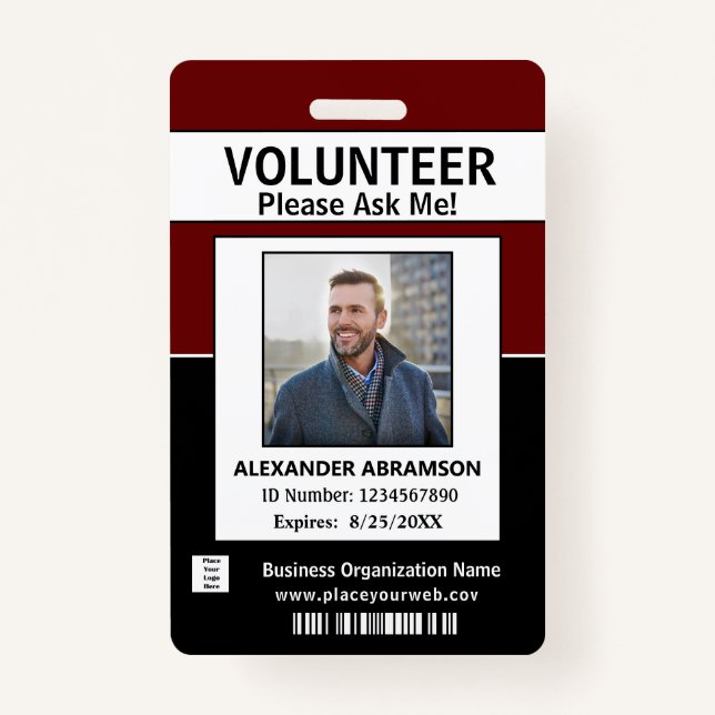 Volunteer ID Card Modern Ask Me Logo Custom Badge (Front)