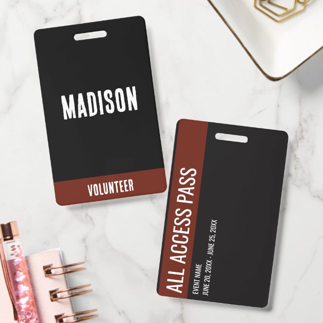 Volunteer Name All Access Pass Event red & black Badge (Office)
