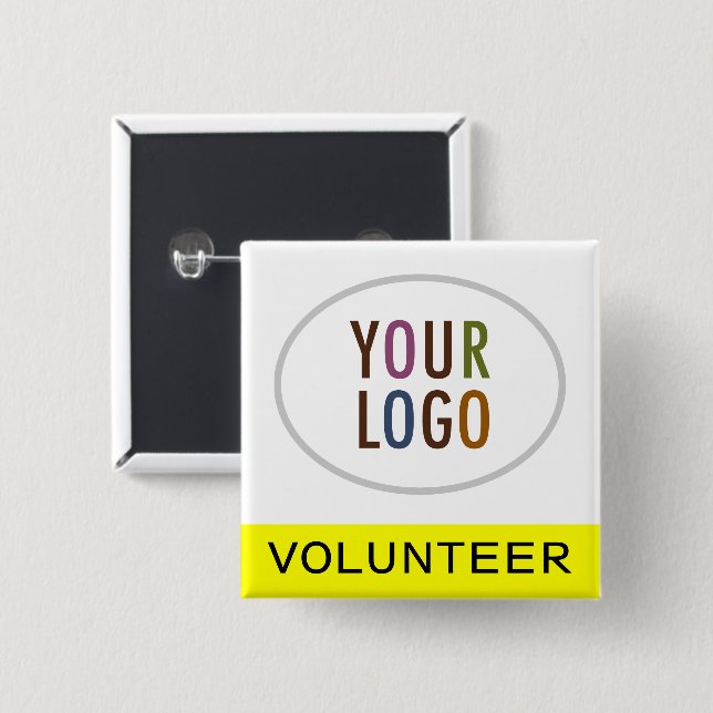 Volunteer Pinback Badge Custom Logo Yellow Square 2 Inch Square Button (Front & Back)
