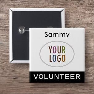 Volunteer Pinback Badge with Logo Black Square 2 Inch Square Button