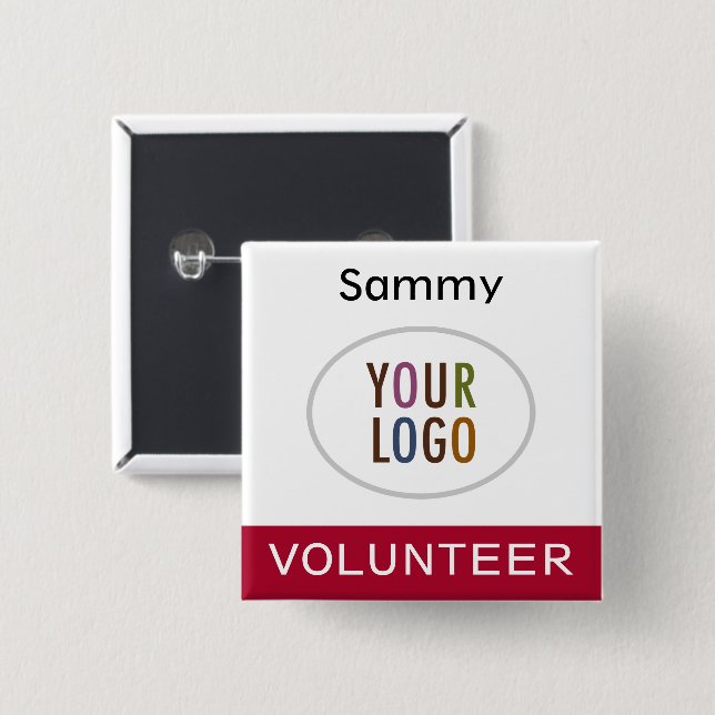 Volunteer Pinback Badge with Logo Dark Red Square 2 Inch Square Button (Front & Back)