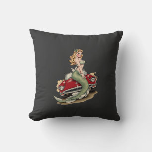 Voluptuous Blonde Mermaid on Red Vintage Car – Fan Throw Pillow