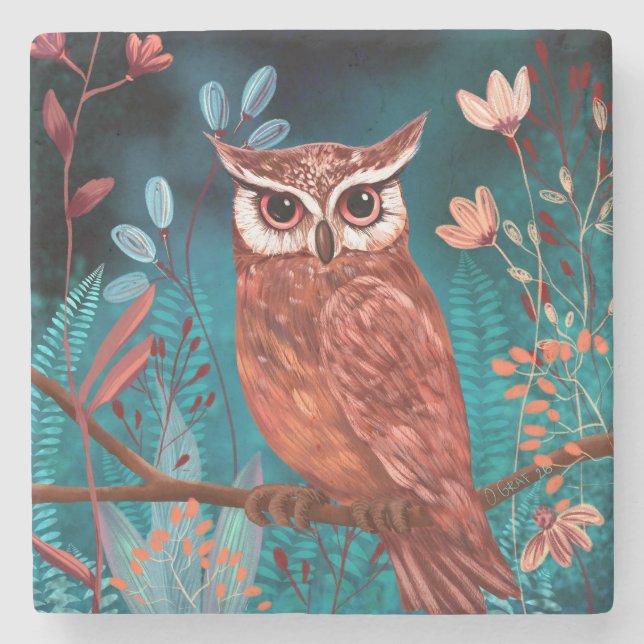Vom Künstler handillustrierte Eule – Boho Natur Stone Coaster (Front)