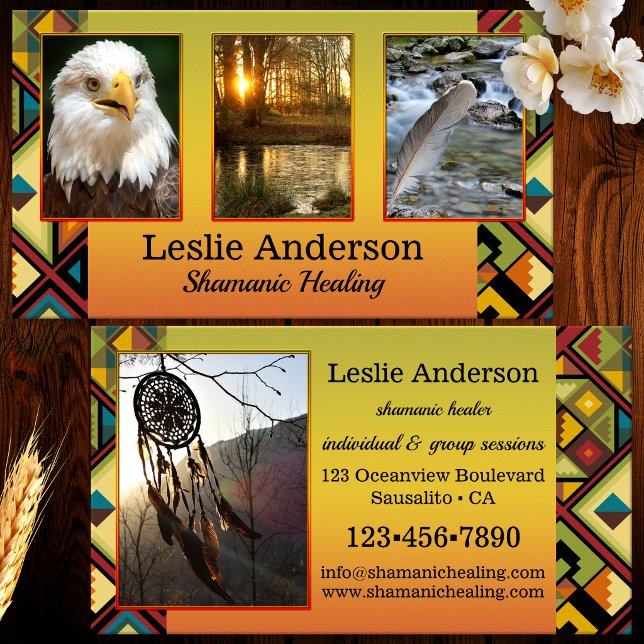Vos Photos Carte de visite de guérison chamanique  (Business card featuring your custom photos framed by a colorful tribal design. Great for a shaman)