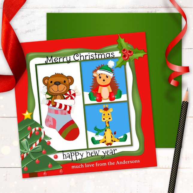 Vos Photos Dessins Enfants Carte de Noël (Christmas Holidays card featuring 3 of your own custom photos or drawings of your children)