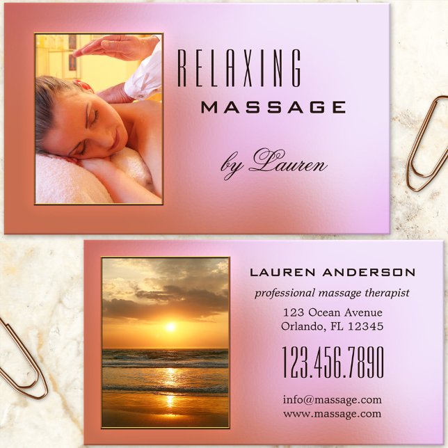 Vos Photos Pink Massage Carte de visite (Business card featuring 2 custom photos on a dreamy pink background - massage, spa or beauty salon)