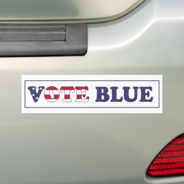 Vote Blue - American Flag Typography Bumper Sticker (On Car)