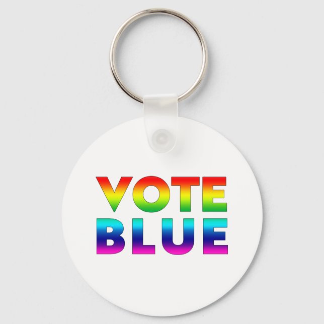 "vote blue" blue, pride lgbtq, lgbt rainbow, white keychain (Front)