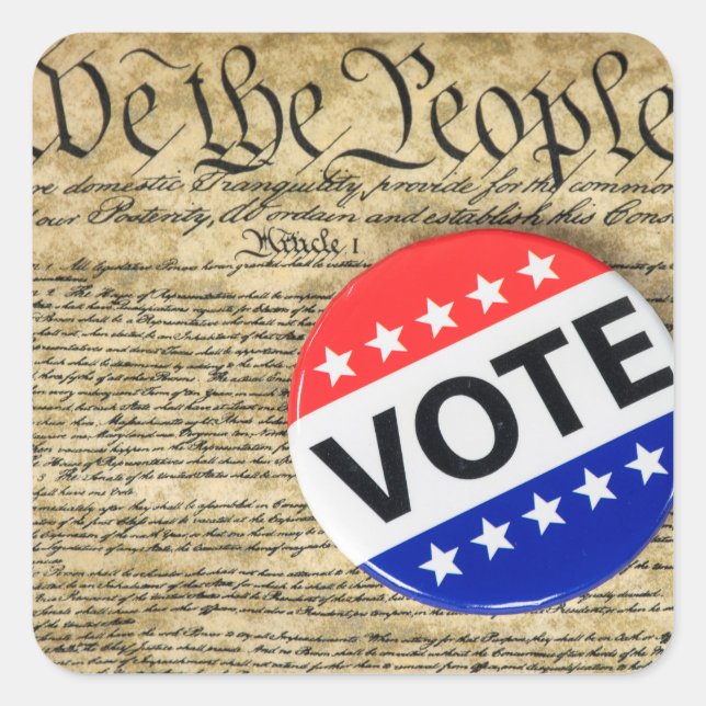 Vote Button On US Constitution Square Sticker (Front)